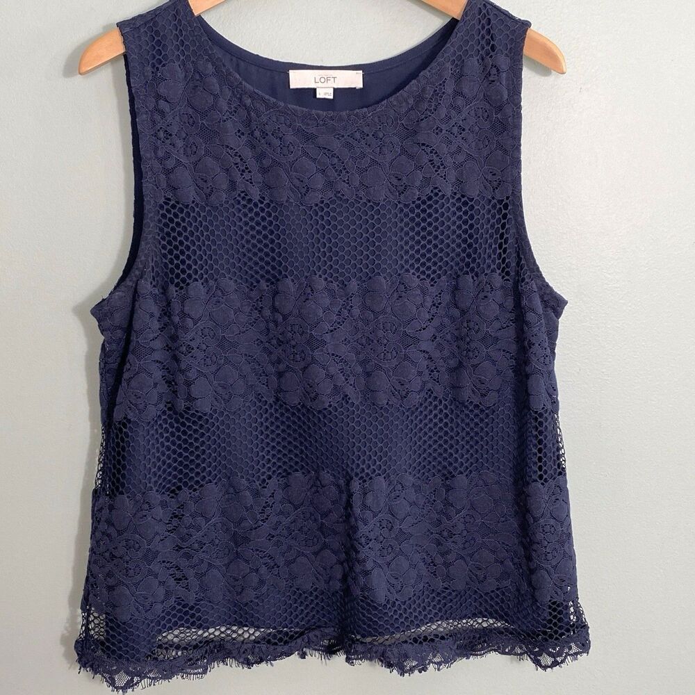 LOFT Sleeveless Lace Top Womens Large Navy Blue Blouse Cottagecore Whimsigoth